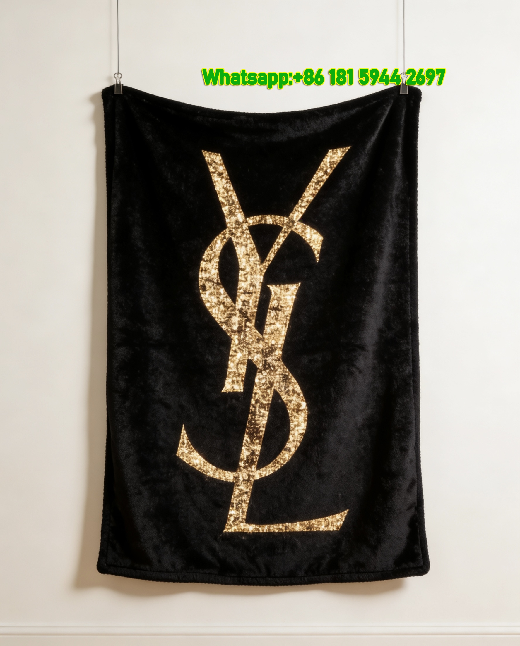Yves Saint Laurent YSL Black Gold Glitter Logo Printed Flannel Sofa Throw Blanket IMG_3221